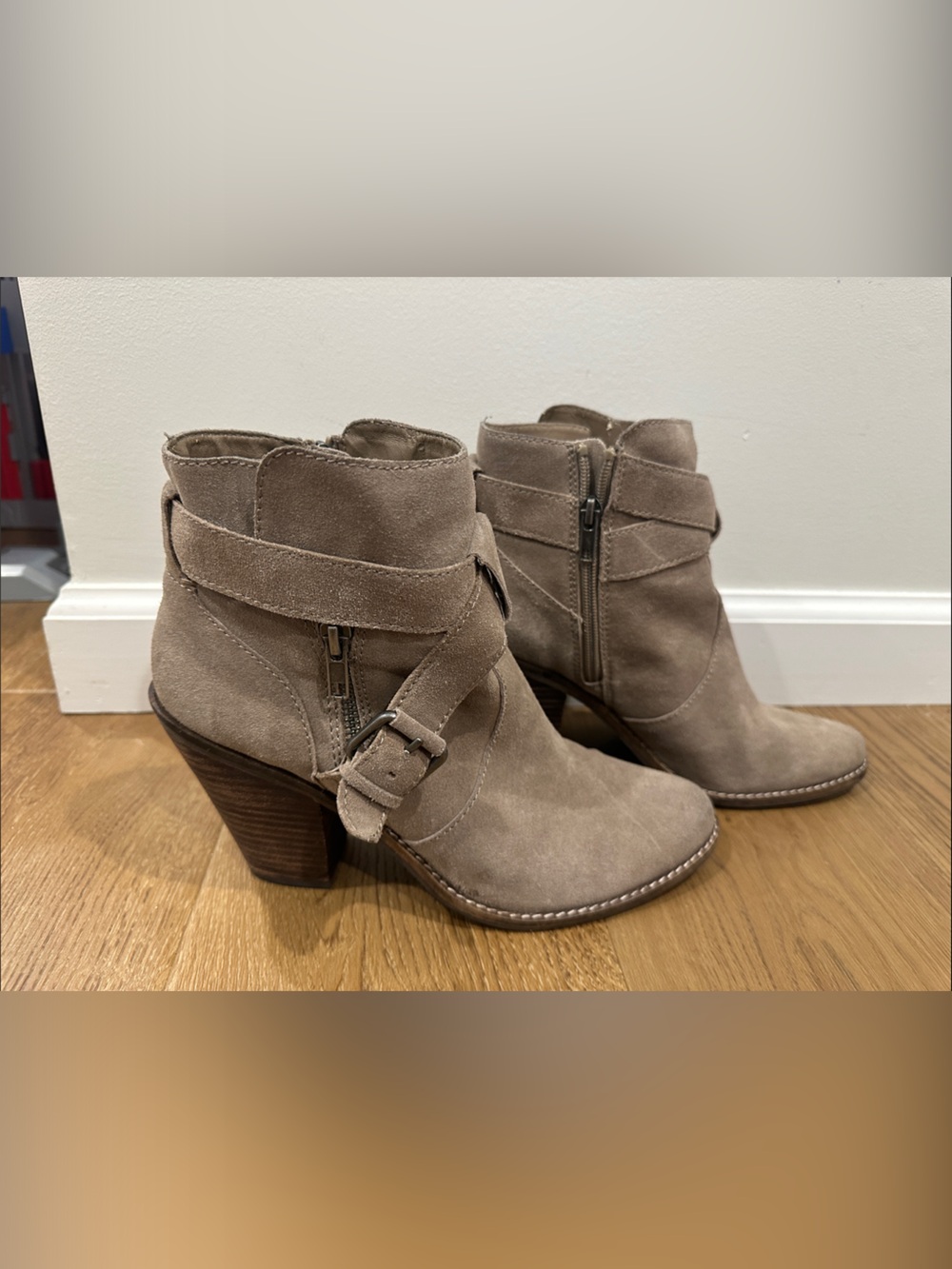 DV by Dolce Vita Taupe Suede Ankle Booties with Buckle Strap